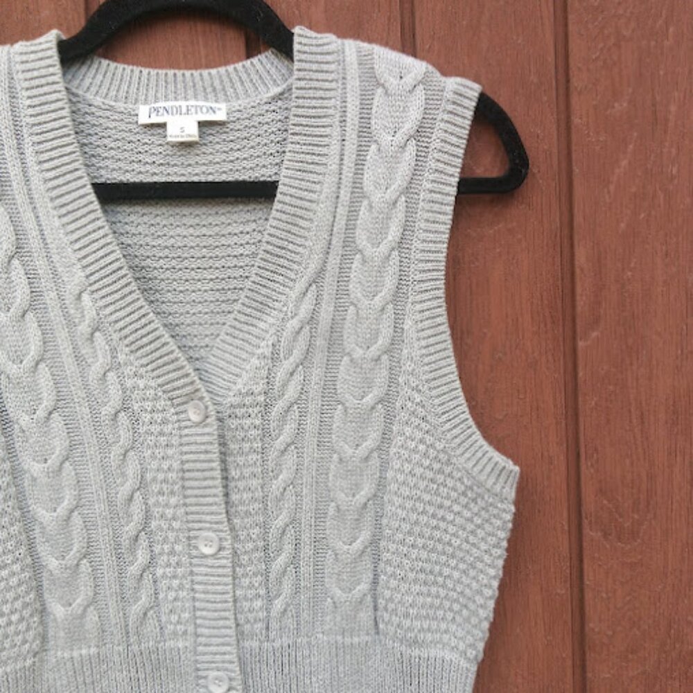 Pendleton | Grey Cable Knit Button Up Sweater Ves… - image 7